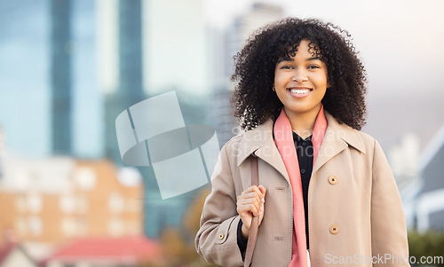 Image of Business woman, portrait and smily of a young professional happy with a smile by urban building. Worker, smiling and happiness of a female by buildings excited about work success with mock up space