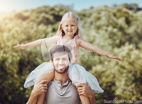 Image of Portrait, father carry girl and outdoor with smile, love and bonding on weekend, happiness and loving together. Dad, daughter on back or embrace in nature, playing and fun on holiday and quality time