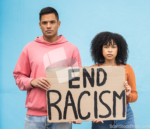 Image of People portrait, cardboard or poster in racism protest, human rights equality or diversity freedom campaign. Man, black woman or friends and banner, billboard or sign on race empowerment background