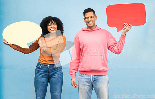 Image of Happy people, portrait or speech bubble on isolated blue background for social media, vote mock up or idea mockup. Smile, man or woman with communication poster, blank billboard or branding placard