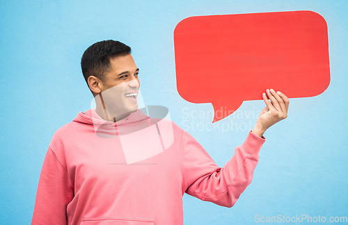 Image of Happy man, laughing or speech bubble on isolated blue background for social media, vote mock up or idea mockup. Smile, student or model with communication poster, blank billboard or branding placard