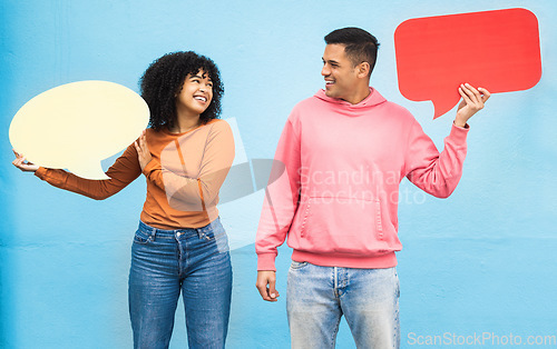 Image of Happy people, laughing or speech bubble on isolated blue background for social media, vote mock up or idea mockup. Smile, man or woman with communication poster, blank billboard or branding placard