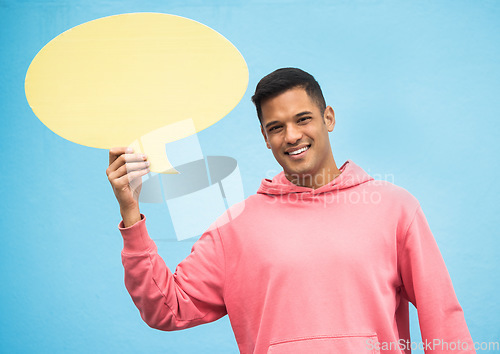 Image of Happy man, portrait or speech bubble on isolated blue background for social media, vote mock up or idea mockup. Smile, student or model with communication poster, blank billboard or branding placard