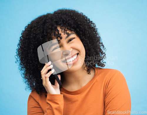 Image of Afro portrait, black woman or phone call by isolated blue background in funny gossip, comedy news or comic story. Smile, face or happy person talking on mobile communication technology by wall mockup