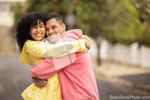 Image of Happy black couple, hug and love portrait of people with care and bonding outdoor. Young woman, man and summer fun on a street walking with happiness embrace on vacation smiling together