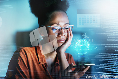 Image of Phone, hologram and digital with a business black woman doing research using 3d ai technology in her office at night. Futuristic, data and cloud computing with a female employee working in finance