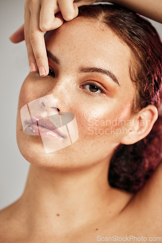 Image of Manicure, face portrait and beauty woman with natural cosmetics makeup, healthy skincare glow or self care routine. Dermatology, spa salon and aesthetic model girl isolated on studio background