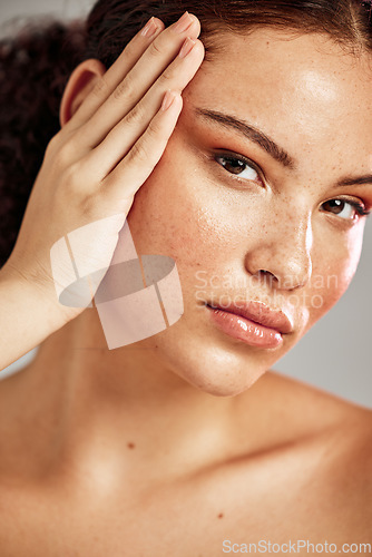 Image of Skincare, face portrait and beauty glow on skin with freckles for dermatology, makeup and cosmetics. Facial, wellness and self care of model person to show plastic surgery or collagen benefits