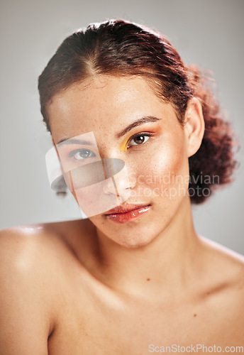 Image of Beauty makeup, face portrait and woman with serious cosmetics eyeshadow, healthy skincare glow or facial self care. Dermatology, spa salon or aesthetic model girl isolated on studio background