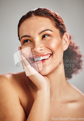 Image of Beauty studio, facial eyeshadow and happy woman with creative cosmetics makeup, skincare glow and luxury self care. Cosmetology face, spa salon and aesthetic model smile isolated on grey background