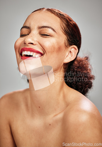 Image of Beauty makeup, wellness and face of woman with luxury cosmetics lipstick, healthy skincare glow or facial self care. Cosmetology, spa salon and aesthetic model girl isolated on grey background studio