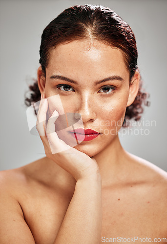 Image of Beauty, lipstick and face portrait of woman with luxury cosmetics makeup, healthy skincare glow or facial self care. Cosmetology, spa salon and aesthetic model girl isolated on studio background