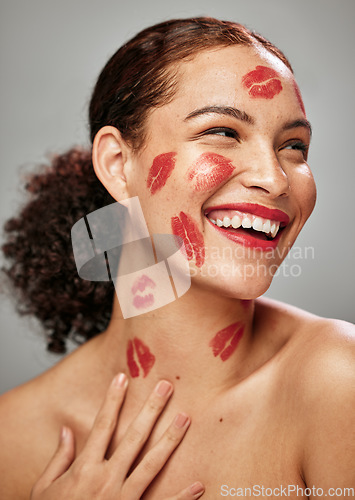 Image of Beauty, makeup kiss and red lipstick on face of woman model for cosmetics and skincare. Headshot of aesthetic person thinking about love for valentines day, spa facial idea in studio