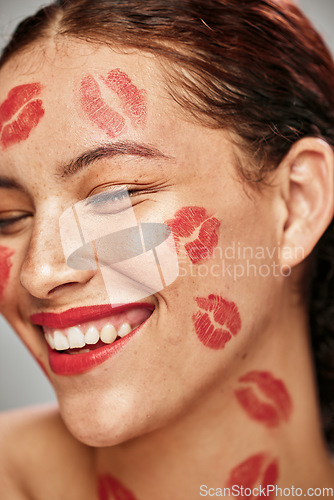 Image of Happy woman, red lipstick and makeup on face of skin model in studio for cosmetics and love. Headshot of aesthetic person with funny comic idea for valentines day spa facial or skincare motivation