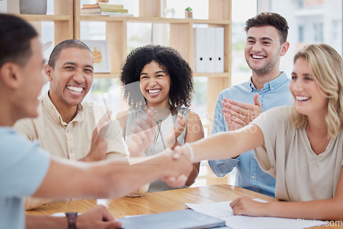 Image of Deal, handshake and applause with business people in meeting for partnership, target and success. Winner, congratulations and welcome with employee shaking hands for sales, thank you or company goals