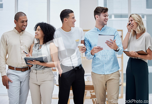 Image of Creative business people, laughing and team building in collaboration with smile together for startup at a office. Happy employee workers smiling in happiness for group training, planning or schedule