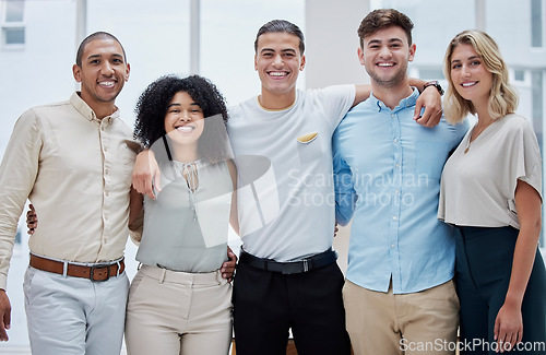 Image of Team, smile and portrait of business people with solidarity, teamwork and community at a startup. Support, trust and employees with a hug for collaboration, work pride and diversity in the workplace