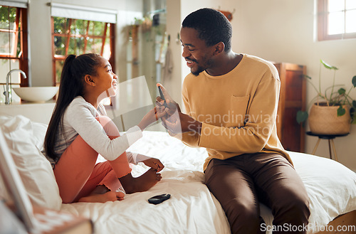 Image of Diabetes, child and dad drawing blood for healthcare, sugar levels and medical monitor. Care, medicine and an African father with a machine to check glucose of a sick girl for wellness and test