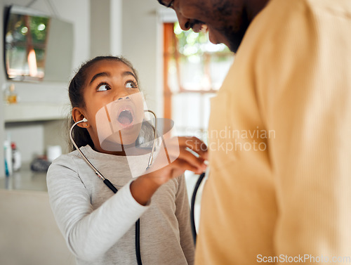 Image of Surprise, stethoscope and girl play with father, caring and bonding in home. Black family, wow and shocked kid holding medical toy, listening to heartbeat of man and acting as doctor while having fun