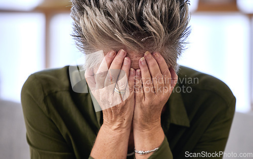 Image of Elderly woman, face and stress for depression, fatal results and emotional with distress, mental health or burnout. Mature female person, lady and shame with illness, health and medical diagnosis