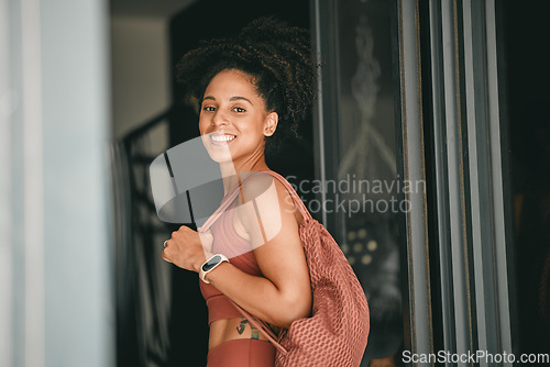 Image of Fitness, backpack and portrait of black woman in gym for workout, exercise and health. Training, wellness and sports with girl athlete and bag for cardio, endurance and stamina goal lifestyle