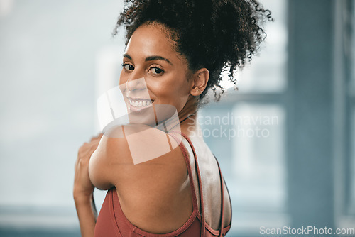 Image of Black woman, smile portrait and exercise stretching for fitness workout, wellness training and happy cardio runner. in gym. African athlete, sports happiness and running warm up or motivation success