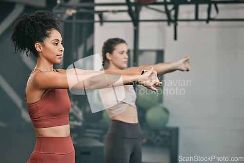 Image of Training, stretching and friends with women in gym for training, workout and exercise. Teamwork, health and personal trainer with girl and muscle warm up for wellness, sports and progress goals