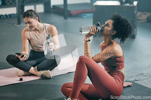 Image of Fitness, relax and drinking water with women in gym for workout, exercise and cardio. Training, wellness and sweating with friends resting on floor of sports center for health, fatigue and tired