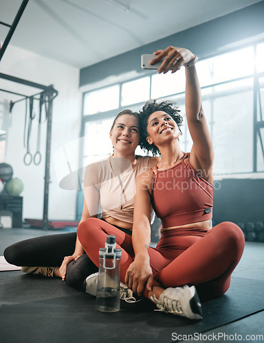 Image of Friends, selfie and fitness with women in gym for workout, social media and wellness blog. Exercise, training and health with girl athlete and phone for online post, internet and sports picture