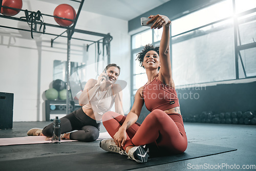 Image of Fitness, phone or friends take a selfie at gym for social media after workout exercises in health club. Relaxed girls, photo or happy sports women take pictures after exercising or training together