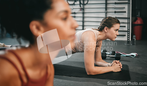 Image of Woman, fitness and class in plank for core workout, exercise or training together at the gym. Women doing intense ab exercises balancing on mat for strong healthy upper body at the gymnasium