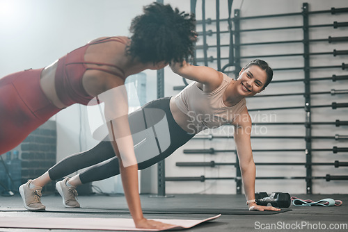 Image of Gym floor, high five and exercise people doing plank workout, performance training or core muscle building. Body self care, support and wellness for team, women or friends on fitness class ground