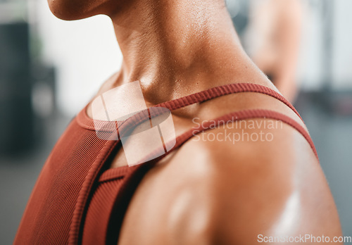 Image of Shoulder, closeup and injury on woman at gym for fitness, training or workout while feeling discomfort. Arm pain, girl and zoom in on sports injury during health, exercise and cardio at sports center