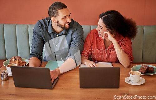 Image of Coffee shop, meeting and small business partnership working on laptops and happy with strategy. Man, woman or couple collaborating on startup project planning in cafe for wifi internet connection