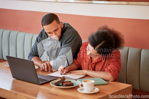 Image of Laptop, research and writing with business people in cafe for idea, finance and strategy. Planning, notebook and thinking with man and woman in coffee shop for partnership, management and marketing