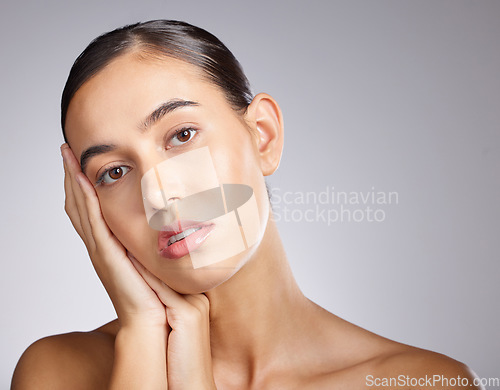 Image of Woman, wellness and skin glow portrait of a beauty model with collagen and cosmetic treatment. Isolated, white background and young person with skin glow from dermatology, spa and facial in studio