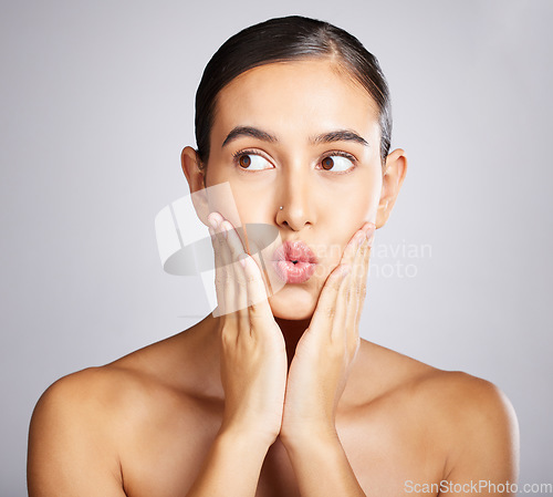 Image of woman, beauty and kiss face for skincare wellness, facial dermatology and luxury natural skin glow in spa studio. Young model, calm hand gesture and healthy cosmetics treatment or relax body care