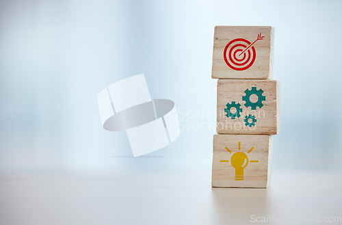 Image of Growth, target and business mission with building blocks and mockup for investment, idea and strategy. Vision, economy and goal with wood cube tower on table for challenge, profit and planning