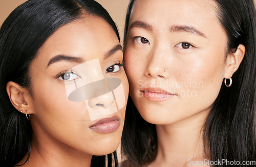 Image of Women, facial and portrait of skincare glow and beauty for diversity of skin and cosmetic self care. Dermatology treatment for friends or models isolated against a brown studio background