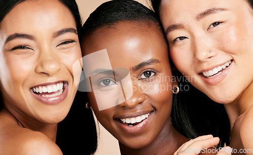 Image of Portrait of happy women with beauty, diversity and smile for skincare product on studio background. Health, wellness and luxury cosmetic skin care, diverse and beautiful people with natural makeup.