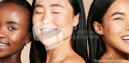 Image of Skincare, beauty and diversity, happy faces of women and smile on salon studio background. Health, wellness and luxury cosmetics skin care for beautiful multicultural people in natural spa makeup.