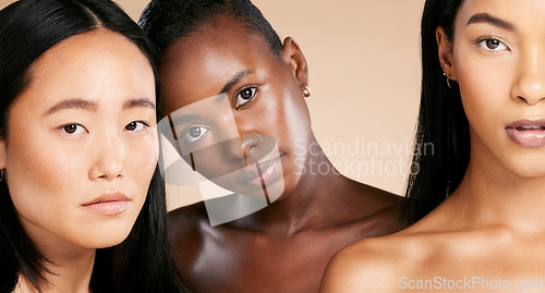 Image of Beauty, diversity and creative portrait of women in skincare salon on studio background. Health, wellness and luxury cosmetics, healthy skin care and beautiful multicultural people in natural makeup.