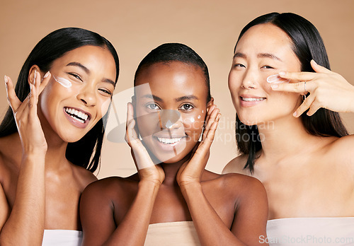 Image of Diversity, woman and beauty portrait with cream for facial skincare wellness, luxury product and happy dermatology. Model, face and cosmetics happiness, lotion moisturizer and natural glowing skin