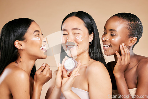 Image of Women, skincare cream and beauty friends with diversity for dermatology or cosmetic container. Asian and black people group happy about skin glow, spa facial and face advertising self care product