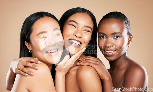 Image of Diverse women, smile and face in beauty for skincare, cosmetics or makeup against studio background. Portrait of female friends or model smiling in happiness or satisfaction for fun healthy treatment