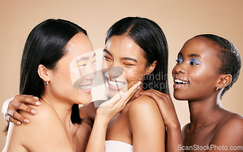 Image of Diversity, beauty makeup and women smile for skincare wellness and cosmetics dermatology in brown background studio. Young model support, happiness and luxury spa treatment for natural glowing skin