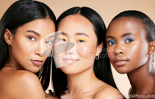 Image of Diversity, beauty and women, face and portrait with skincare, natural cosmetics and eye makeup isolated on studio background. Cosmetic glow, different skin color and wellness, dermatology and facial