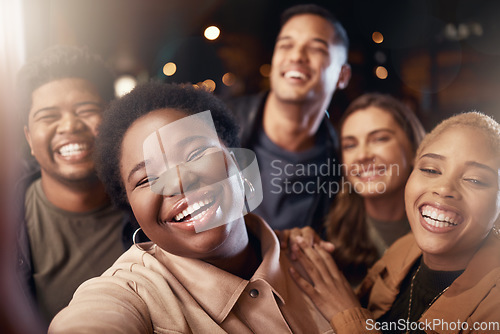 Image of Happy people, portrait or night phone selfie in city for diversity party, New Year event or birthday celebration. Smile, bonding or friends on mobile photography pov, social media or profile picture