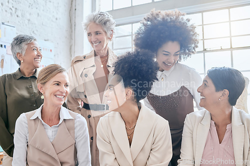 Image of Collaboration, empowerment and a business woman leadership team sitting in their office together at work. Teamwork, management and diversity with a female leader group working as friends in corporate