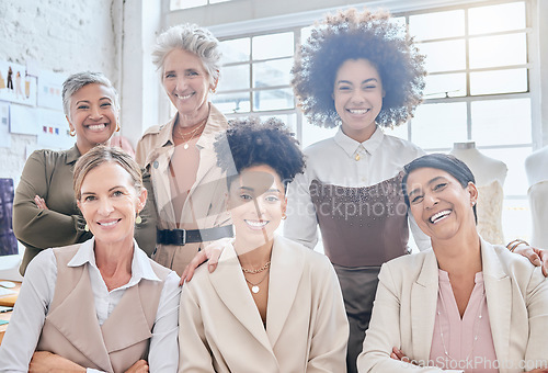 Image of Women team, designer portrait and fashion meeting of a marketing group happy about teamwork. Ecommerce, business solidarity and diversity of people with a smile and happiness from collaboration